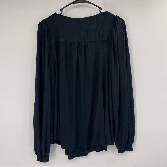 Free People Devin Black Balloon Sleeve Henley Oversized Textured Knit Top - Picture 9 of 13